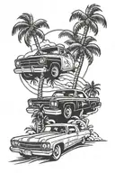 palm tree and low rider car driving tattoo design idea