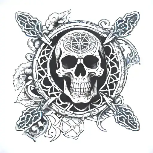 Grateful Dead-style skull with the seed of life pattern inside. The design features a circle of Norse or Celtic runes, a tattoo design idea