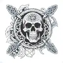 Grateful Dead-style skull with the seed of life pattern inside. The design features a circle of Norse or Celtic runes, a tattoo design idea