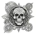 Grateful Dead-style skull with the seed of life pattern inside. The design features a circle of Norse or Celtic runes, a tattoo design idea