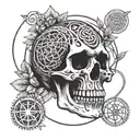 Grateful Dead-style skull with the seed of life pattern inside. The design features a circle of Norse or Celtic runes, a tattoo design idea