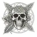Grateful Dead-style skull with the seed of life pattern inside. The design features a circle of Norse or Celtic runes, a tattoo design idea