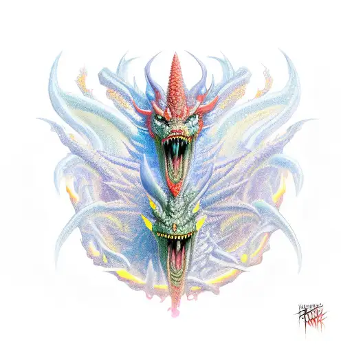 tiamat from dungeons and dragons each colour head is attacking, sized for a forearm tattoo. lots of flames surround tia  tattoo design idea