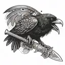 Crow with Viking helmet perched on a sword tattoo design idea
