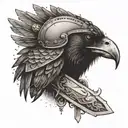 Crow with Viking helmet perched on a sword tattoo design idea