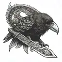 Crow with Viking helmet perched on a sword tattoo design idea