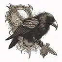 Crow with Viking helmet perched on a sword tattoo design idea