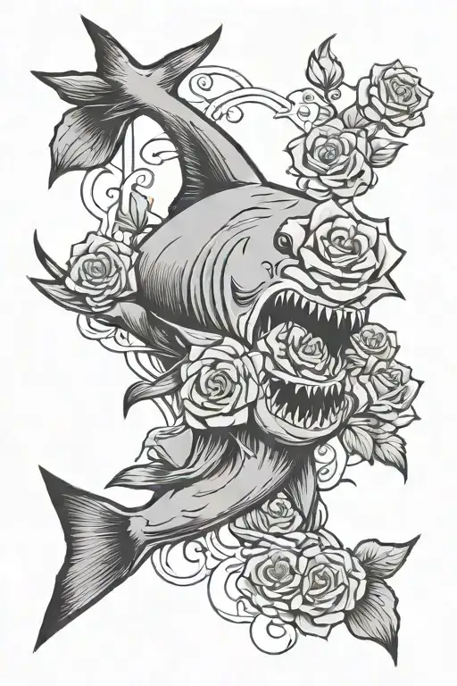 hammer head shark with a rose intertwined tattoo design idea