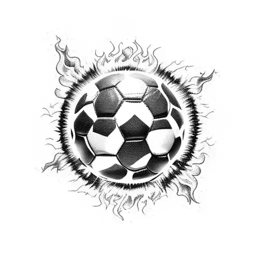 A fierce soccer ball engulfed in flames, symbolizing the passion and intensity of futbol. tattoo design idea