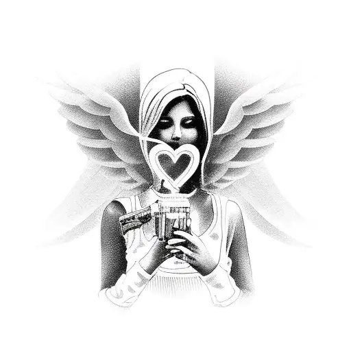 A blackwork design of an angelic figure gracefully blowing kisses while holding a gun tattoo design idea