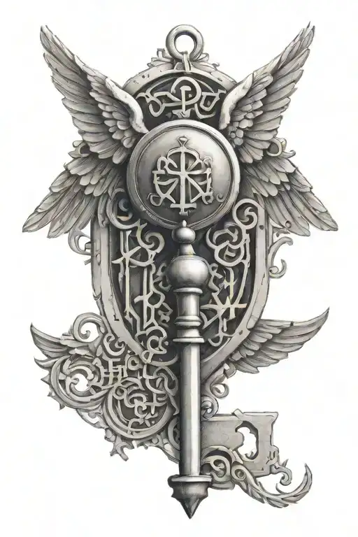 a winged key with mathematical objects hanging pendant tattoo design idea