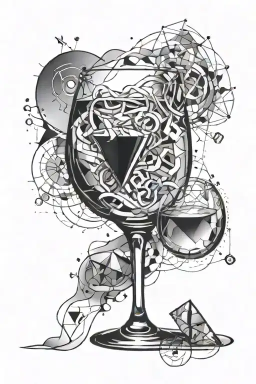 A glass of alcohol with mathematical symbols floating above it, creating a unique composition tattoo design idea