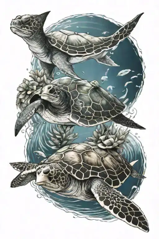 manta ray and turtle swimming gracefully tattoo design idea
