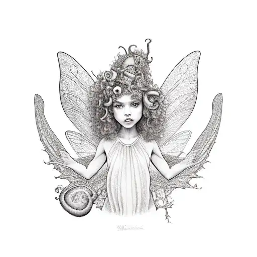 a fairy with big curly wild hair, the fairy is sitting on a mushroom tattoo design idea