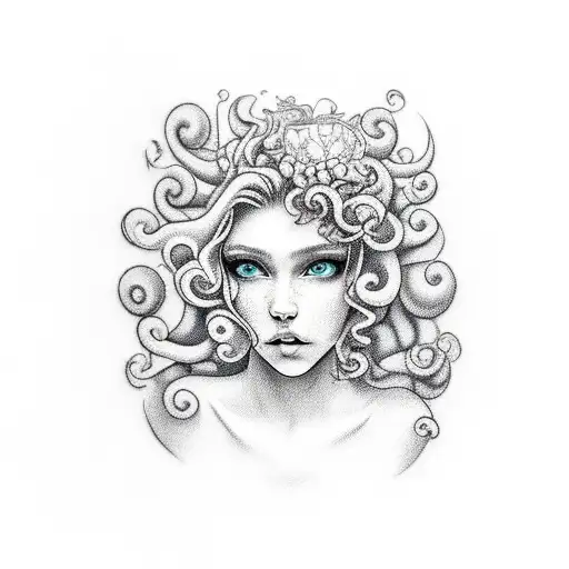 a fairy with big curly wild hair, sitting on a mushroom tattoo design idea