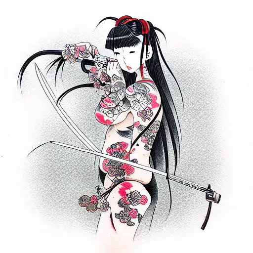 Cherry Blossom Anime Girl Katana  tattoo design idea