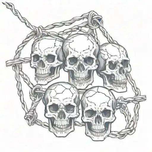 skulls hanging on barbed wire tattoo design idea