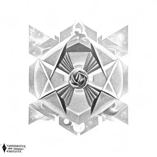 A black-grey tattoo of the Tesseract from Interstellar merging with a Valorant agent's weapon, symbolizing the fusion of science and combat tattoo design idea