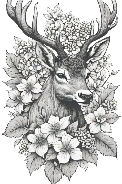 stag head hydrangea flower blooming tattoo design idea