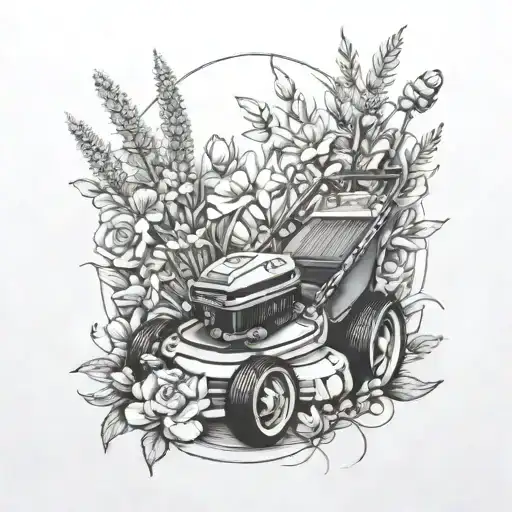 lawnmower surrounded by flowers tattoo design idea