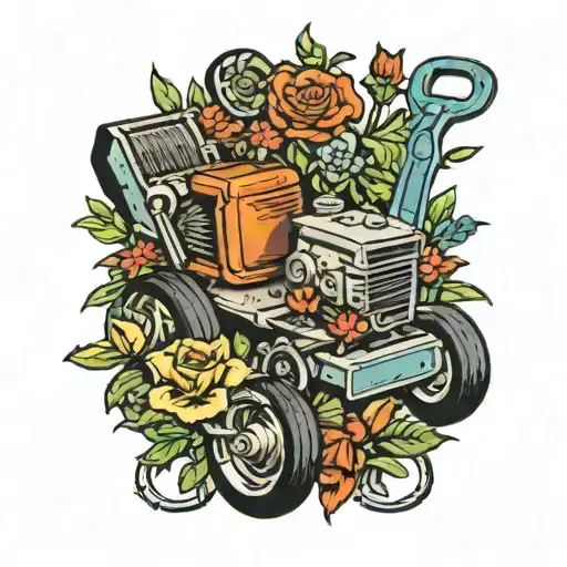 Hayter lawnmower surrounded by flowers and spanner's  tattoo design idea