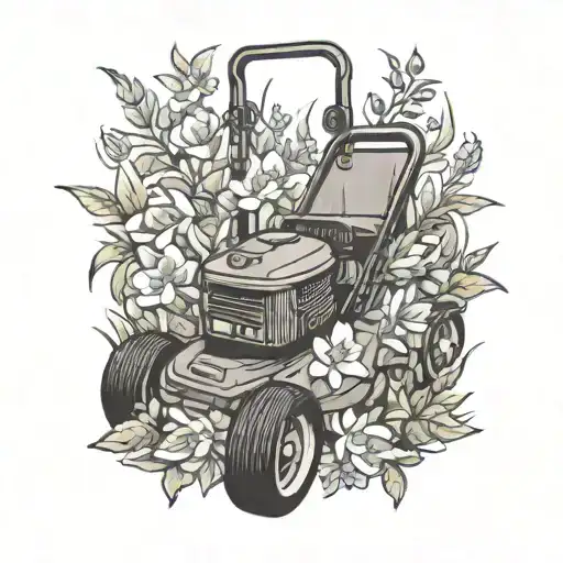 lawnmower surrounded by flowers tattoo design idea