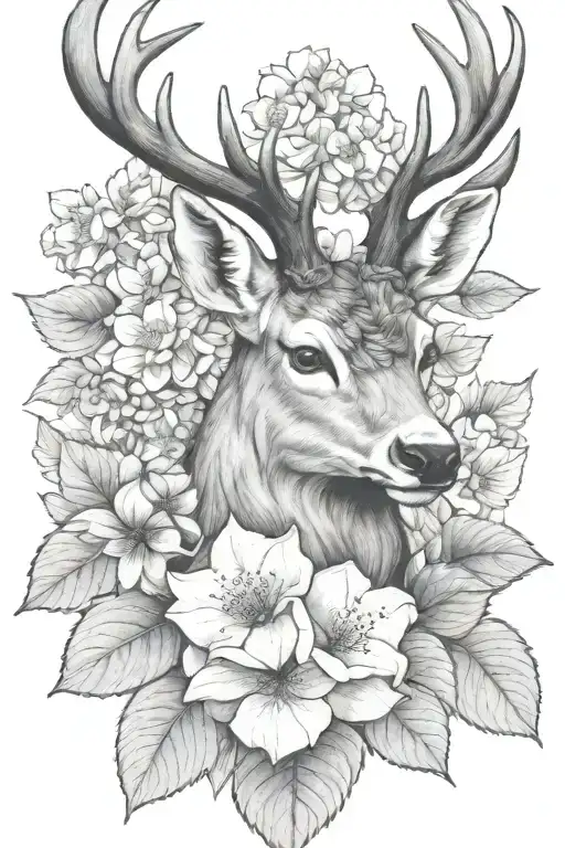 stag head hydrangea flower blooming tattoo design idea