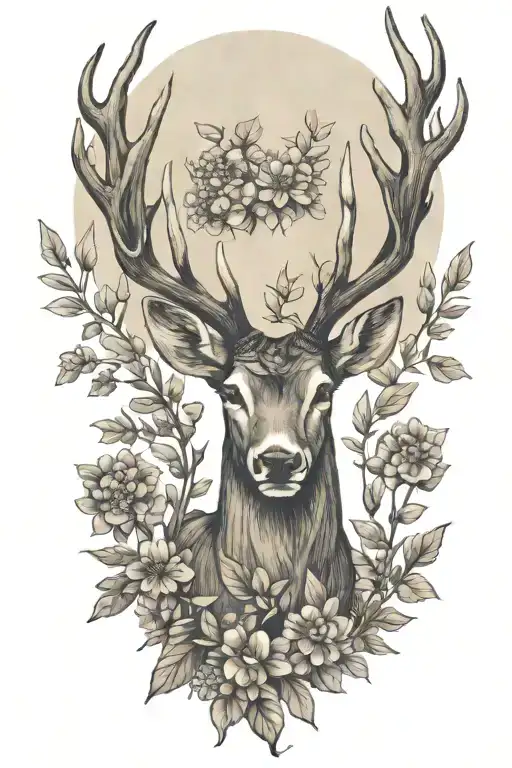 buck  antlers , olive tree, hydrangea flower tattoo design idea