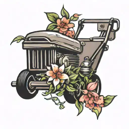 lawnmower surrounded by flowers tattoo design idea