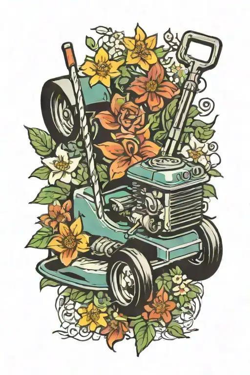 Hayter lawnmower surrounded by flowers and spanner's  tattoo design idea