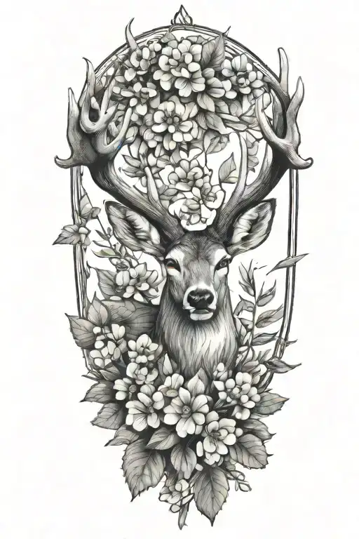 deer antlers , olive branches, hydrangea flower tattoo design idea