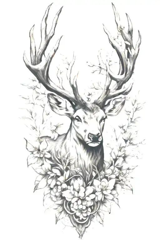 buck  antlers , olive tree, hydrangea flower tattoo design idea