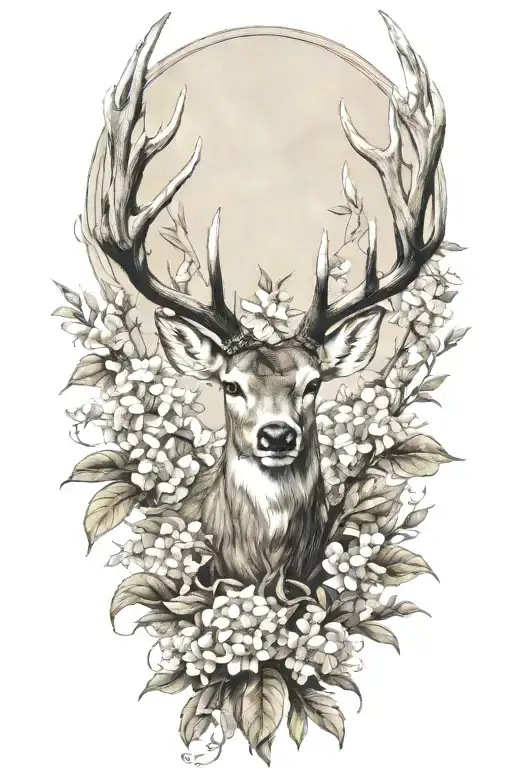 buck  antlers , olive tree, hydrangea flower tattoo design idea
