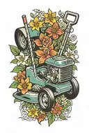 Hayter lawnmower surrounded by flowers and spanner's  tattoo design idea