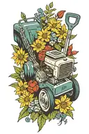 Hayter lawnmower surrounded by flowers and spanner's  tattoo design idea