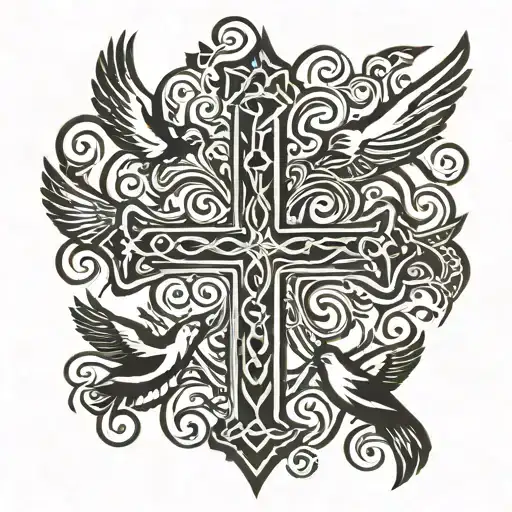 wooden cross and doves flying tattoo design idea