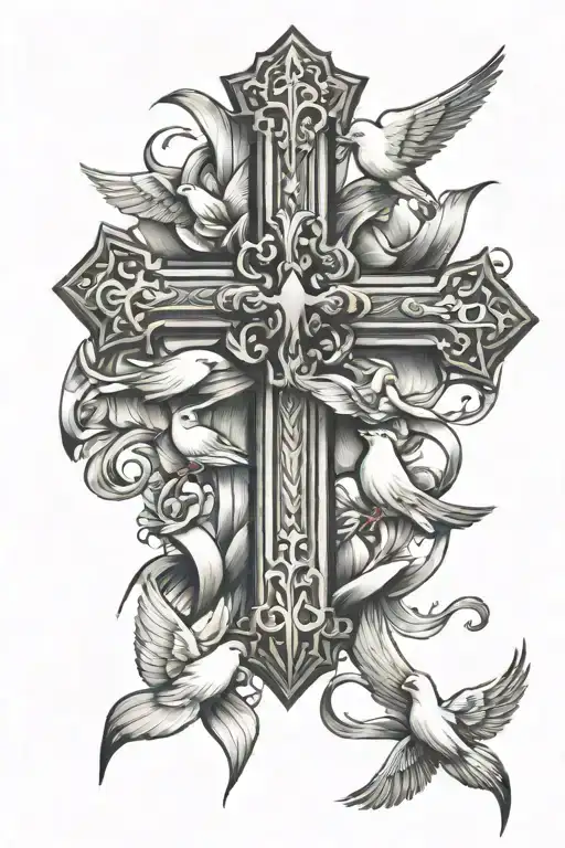wooden cross with cancer ribbon with doves flying away from the top of the cross tattoo design idea