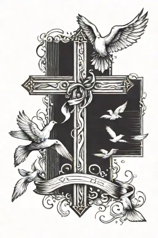wooden cross with cancer ribbon in background with doves flying away from the top of the cross tattoo design idea
