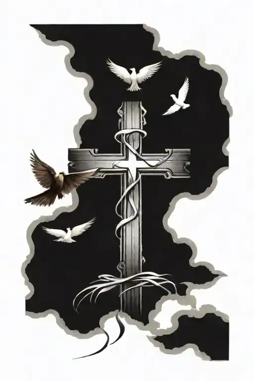 wooden cross with doves flying away from the top of the cross with big cancer ribbon tattoo design idea