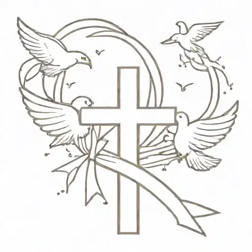 wooden cross with cancer ribbon in background with doves flying away from the top of the cross tattoo design idea
