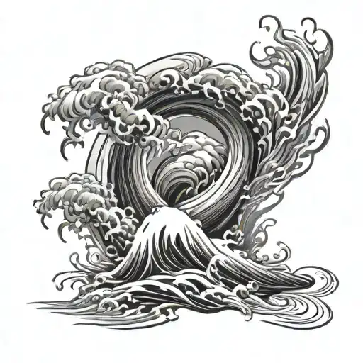swift river flowing, forceful typhoon and raging fire in sleeve form tattoo design idea