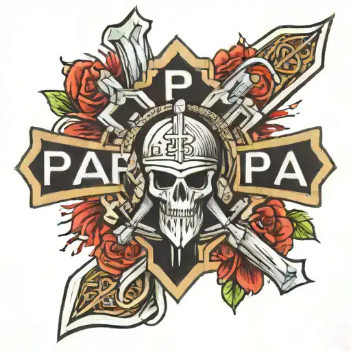 high detailed cross with a spartan helmet on top and the word Papa in the middle of the cross with 10/05/1939-04/10/2021 tattoo design idea
