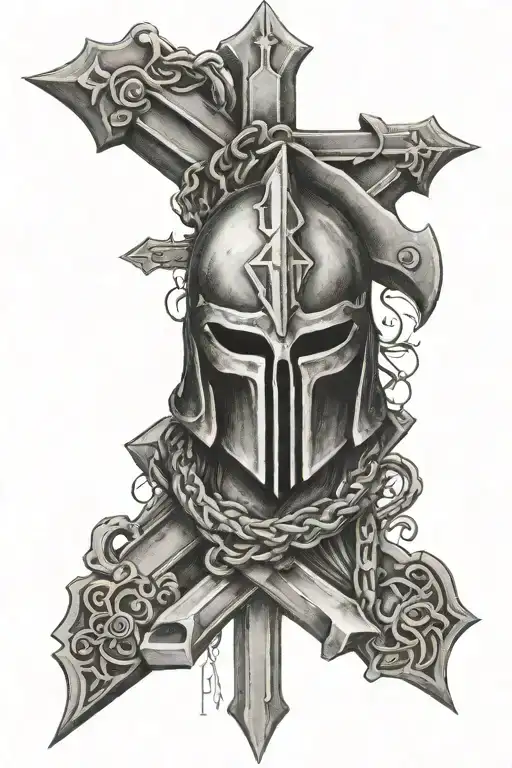 high detailed cross with a spartan helmet on top and the word Papa in the middle of the cross with 10/05/1939-04/10/2021 tattoo design idea