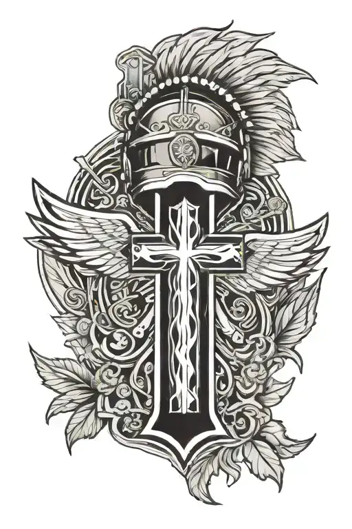 high detailed cross with wings and the michigan state spartan helmet and in the middle of the cross have the word Papa tattoo design idea