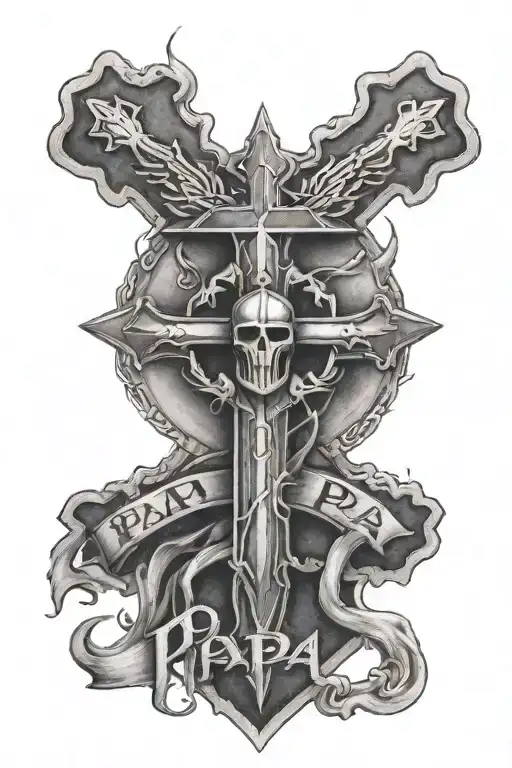 high detailed cross with a spartan helmet on top and the word Papa in the middle of the cross with 10/05/1939-04/10/2021 tattoo design idea