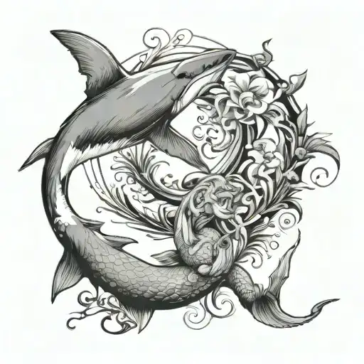Overall Shape will be in the form of a reimagined yin-yang symbol, with a shark and mermaid tattoo design idea