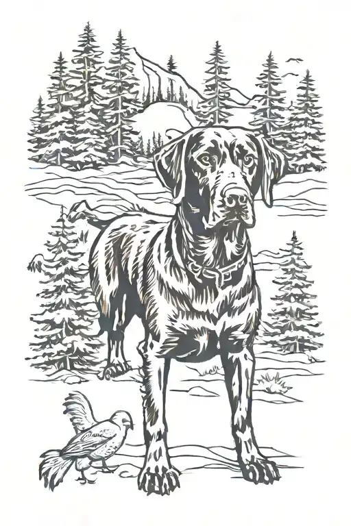chocolate lab in a forest of pine trees, with quail, grouse, stream with trout tattoo design idea