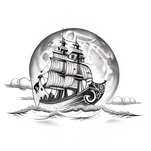 Viking pirate warship under the moon tattoo design idea