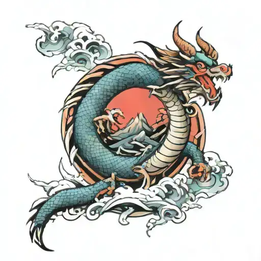 dragon and mountain japanese style tattoo design idea