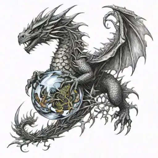 Dragon, look left, with cristal ball in hand, in ball thistle and fire around ball tattoo design idea